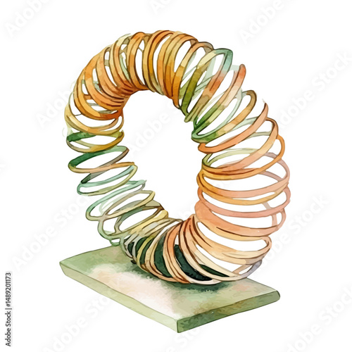 Slinky Spring Stretching Out From A Step, watercolor illustration vector, high quality, isolated on a white background.