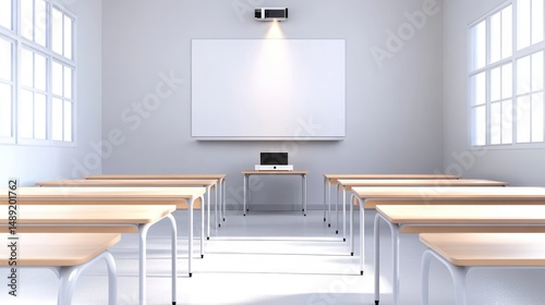 A minimalist empty classroom with no students, just neatly aligned desks, a projector, and an organized workspace at the front.