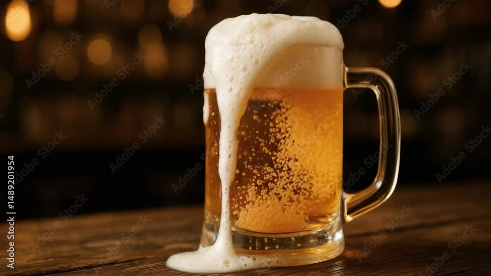 Beer mug with foam overflowing on a wooden table drink beverage refreshment cold beer golden beer lager beer 4k uhd video