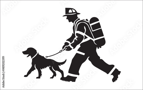 silhouette of a man and his dog. firefighter, silhouette, rescue, emergency, uniform, helmet, hose, truck, team, danger