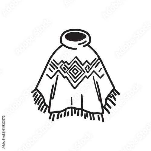 Monochrome poncho featuring intricate native design and fringe detail is isolated with transparent background