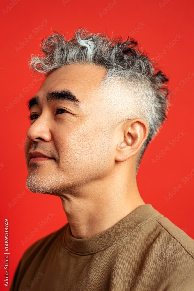 Fototapeta premium Conceptual art of style for aging men. Red solid background. A charismatic and fashionable male with a trendy look. Chic men's undercut haircut - midlife southeast asian man with curly hair.