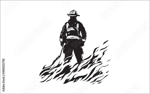 vector illustration of a woman. firefighter, silhouette, rescue, emergency, uniform, helmet, hose, truck, team, danger