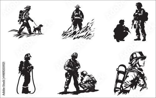 silhouettes of children. firefighter, silhouette, rescue, emergency, uniform, helmet, hose, truck, team, danger