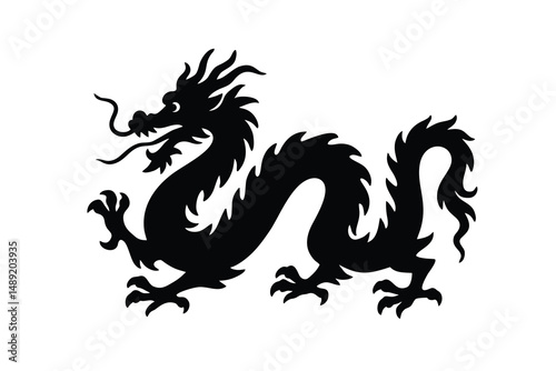 silhouette illustration of a traditional Chinese dragon in side profile isolated on white background