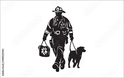 fire fighter silhouette vector  firefighter, silhouette, rescue, emergency, uniform, helmet, hose, truck, team, danger