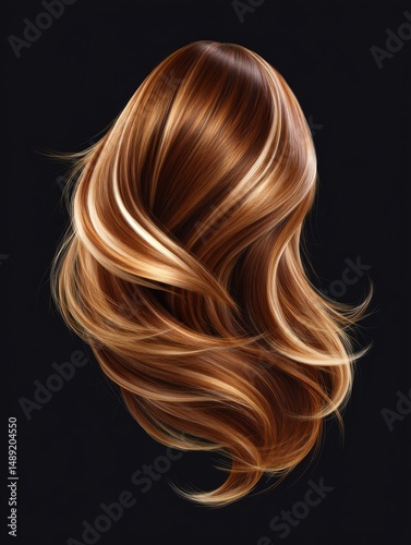 Stylish Wavy Auburn Hair With Golden Highlights Glossy Against Dark Background Beauty And Hairstyle Concept