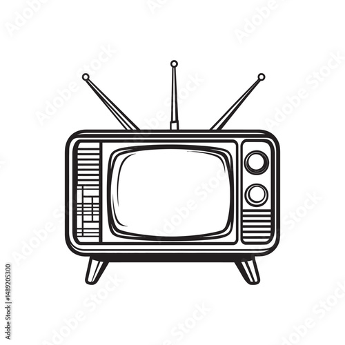 Nostalgic analog television with rabbit ears antenna displayed in solid black outline against white