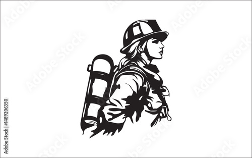 vector illustration of a biker. firefighter, silhouette, rescue, emergency, uniform, helmet, hose, truck, team, danger