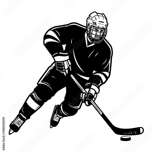 A monochrome illustration of a hockey player skating with a puck and hockey stick on white background