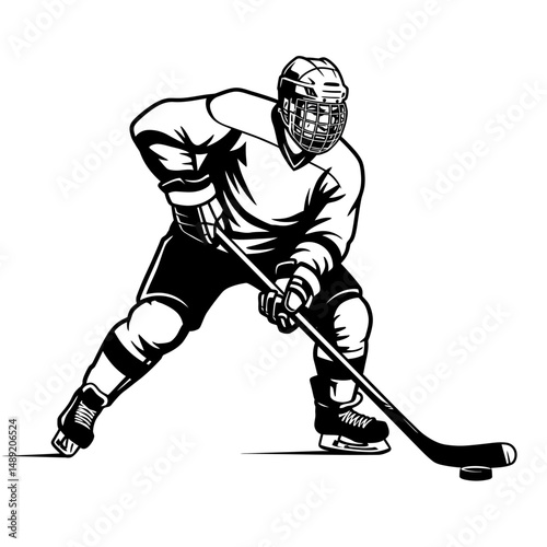A black and white illustration of a hockey player with a stick and puck on a white background