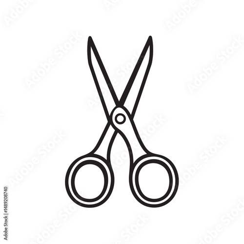 Open black scissors possess rounded handles and thin blades on a transparent background