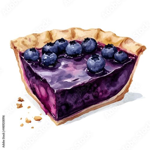 Slice Of Blueberry Pie With Crust Crumbs, watercolor vector, high quality, isolated on a white background.