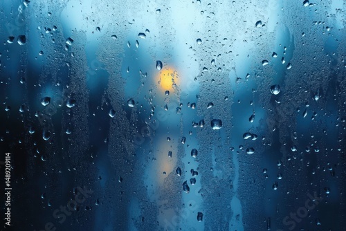 Close-up view of water droplets and condensation on a glass surface with a blurred yellow light and blue background creating a calm, moody atmosphere