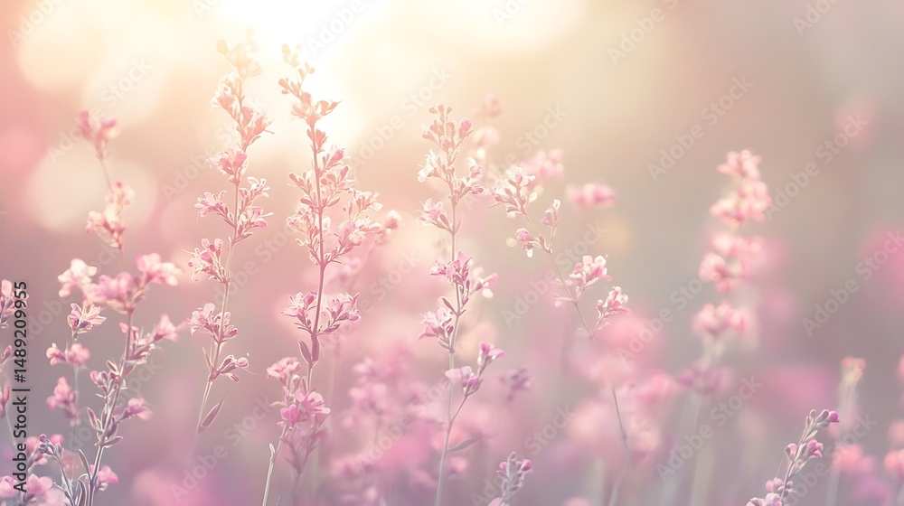 Pink flowers field sunlight Pink flowers field sunlight