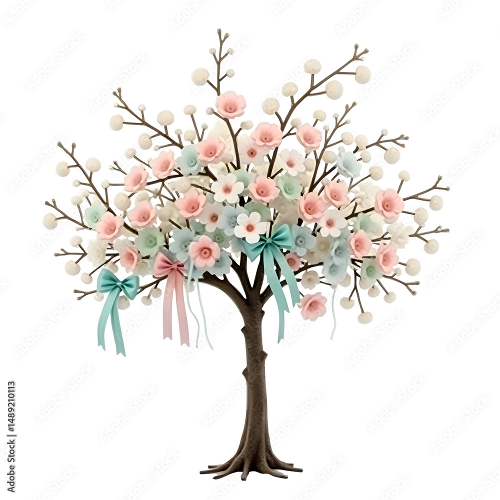 Fototapeta premium Enchanting Blossom Tree, A Symphony of Pastel Flowers and Delicate Ribbons on a Sculptural Decorative Piece