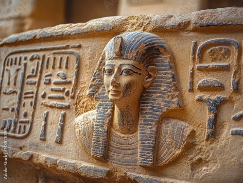 Detailed sandstone carving of an ancient Egyptian pharaoh bust surrounded by hieroglyphics on a temple wall