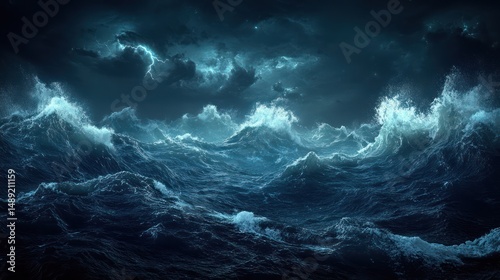 Dramatic seascape with turbulent waves under a stormy sky at night