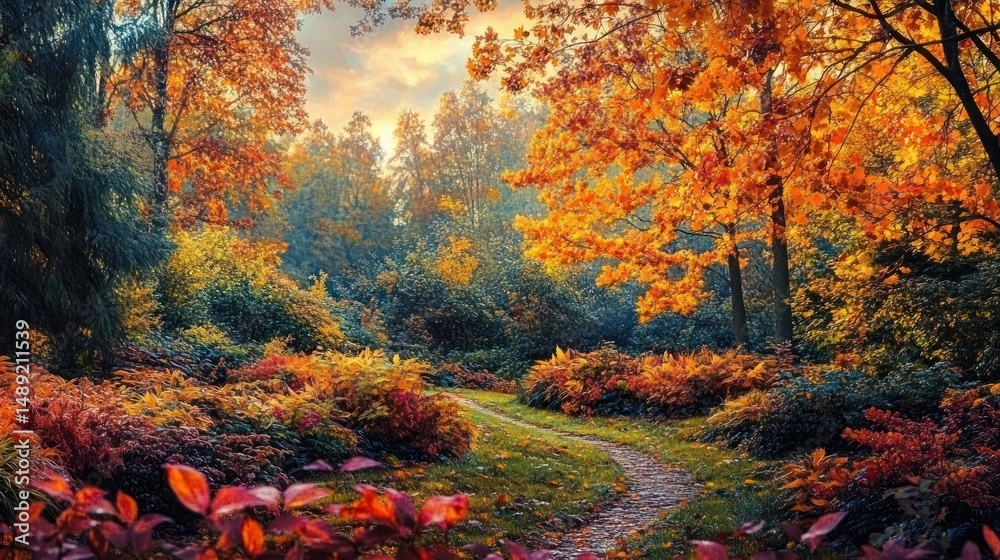 Serene winding path through a vibrant autumn forest with colorful orange, red, and yellow foliage under warm sunset sky Serene winding path through a vibrant autumn forest with colorful orange, red, and yellow foliage under warm sunset sky