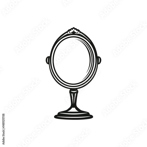 Ornamental round vanity mirror showcases elegant stand and vintage crest details on top, transparent background
