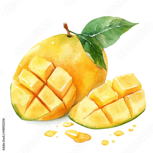 Sliced Mango With Droplets Of Juice, watercolor clipart vector, high quality, isolated on a white background.