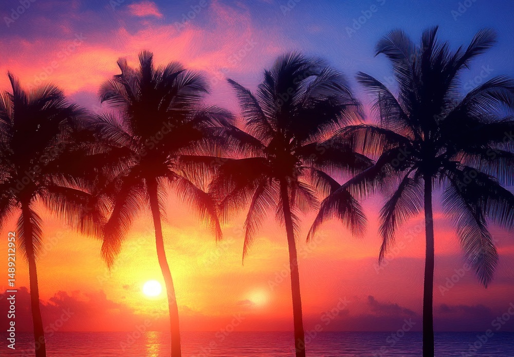 Tropical palm trees silhouetted against a vibrant sunset over the ocean with colorful orange, pink, and purple sky evoking peaceful and serene emotions Tropical palm trees silhouetted against a vibrant sunset over the ocean with colorful orange, pink, and purple sky evoking peaceful and serene emotions