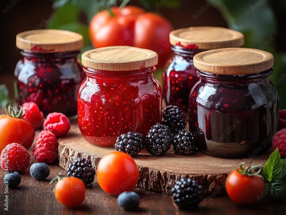 Four glass jars with wooden lids filled with various berry jams surrounded by fresh raspberries, blackberries, blueberries, and small tomatoes on a wooden surface Four glass jars with wooden lids filled with various berry jams surrounded by fresh raspberries, blackberries, blueberries, and small tomatoes on a wooden surface