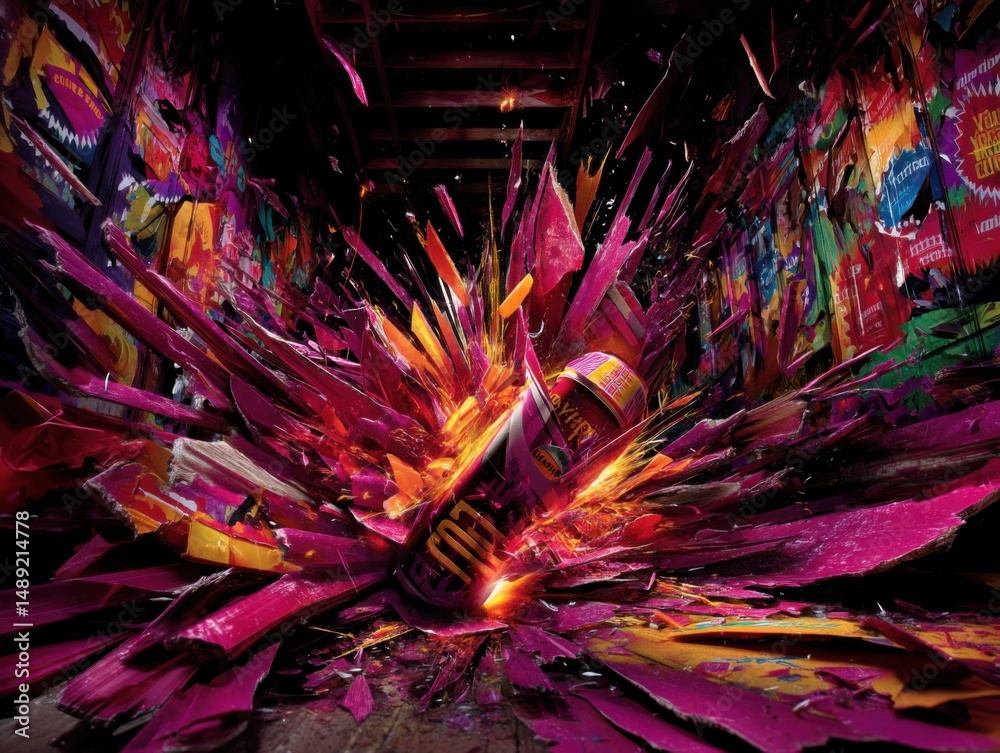 Fototapeta premium Colorful explosion of paint can in urban environment abstract art vivid colors dynamic viewpoint