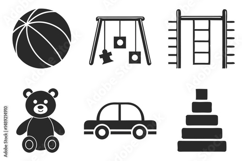 Kids Toys and Playground Icons – Flat Silhouette Playtime Set