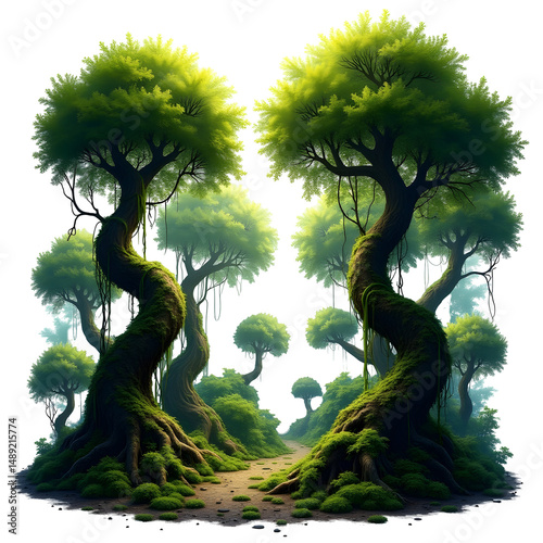 Enchanting emerald rainforest canopy with vibrant foliage and mossy trunks creating a serene and captivating natural landscape