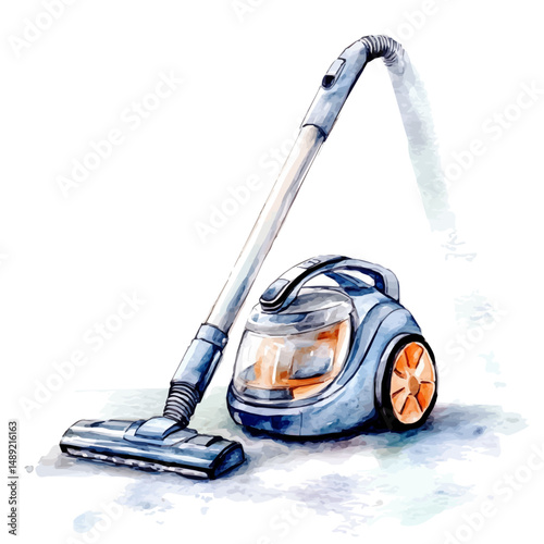 Sleek Vacuum Cleaner Standing By The Door, watercolor drawing vector, high quality, isolated on a white background.
