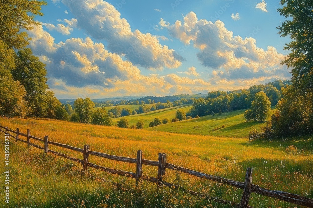 Sunlit countryside landscape with wooden fence, green grass, trees, rolling hills, and a blue sky filled with scattered fluffy clouds Sunlit countryside landscape with wooden fence, green grass, trees, rolling hills, and a blue sky filled with scattered fluffy clouds