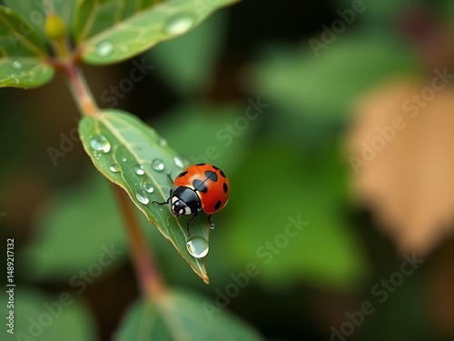 Close-up of a ladybug on a leaf with water droplets in a natural green environment