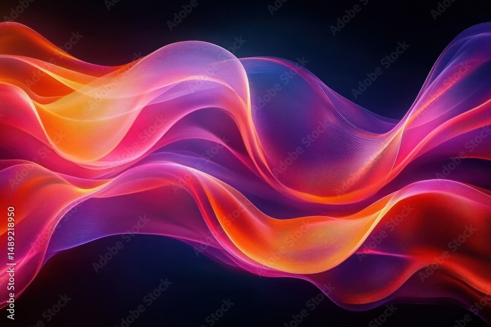 Obraz premium Vibrant colorful flowing waves with gradient shades of orange, pink, purple, and red creating an energetic and dynamic abstract visual effect on a dark background