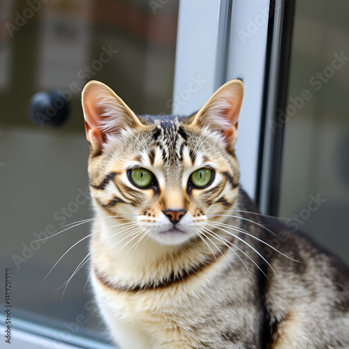 Silver-striped alley cat against a glass window backdrop