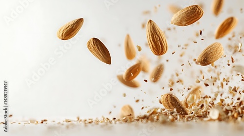 Almond pieces flying through the air like crunchy confetti, full of nutty flavor and energy.