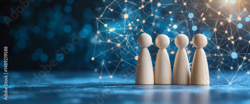 Three groups of individuals are linked by lines. Coordination and knowledge exchange. Outsourcing. Business model of teams. Self-organizing structure innovation. High autonomy of company teams.