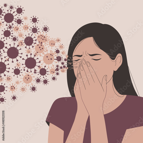 illustration of a sneeze, germs, bacteria, corona, headache, sneezing woman