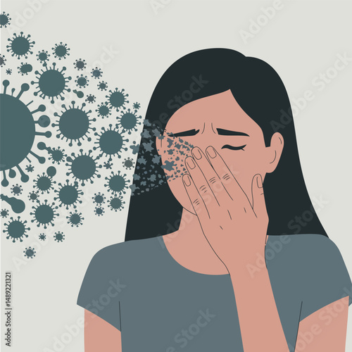 illustration of a sneeze, germs, bacteria, corona, headache, sneezing woman
