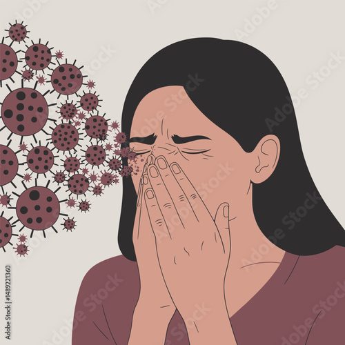 illustration of a sneeze, germs, bacteria, corona, headache, sneezing woman