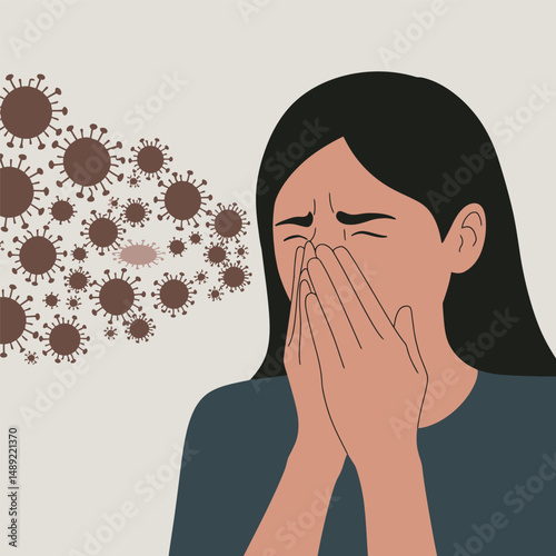 illustration of a sneeze, germs, bacteria, corona, headache, sneezing woman