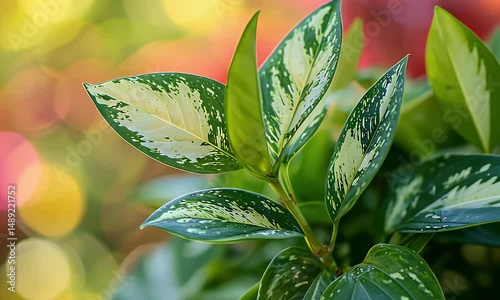Green Aglaonema Leaves with White and Yellow Variegation Against Bokeh Background in Red and Yellow Hues