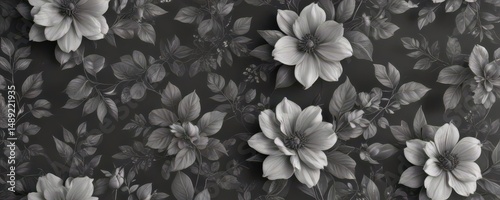 Subtle charcoal floral wallpaper  Delicate blooms & leaves create a seamless pattern , art, pattern design, home decor