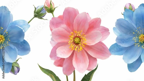 Pastel pink, purple, and blue flowers on white background. Close up view of peonies and cosmos.