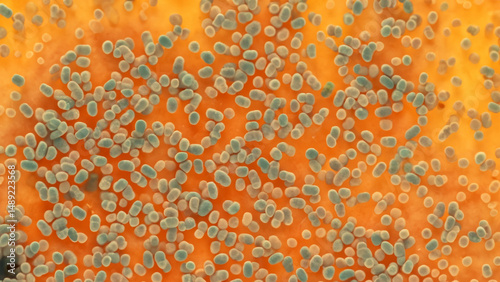 Microscopic view of fungal spores on a surface