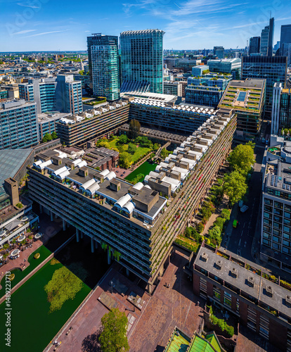 Photography Colorful aerial view of London's Barbican Estate with high-rise buildings, moder