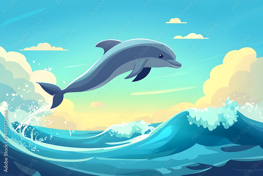 Obraz premium A playful dolphin leaps from vibrant ocean waves under a colorful sunset sky
