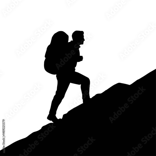 Silhouette of a man with a backpack climbing up a steep mountain against a white background scene