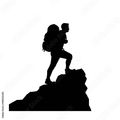 Silhouette of a hiker with a backpack climbing a rocky peak against a white background view outdoors