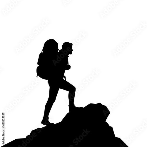 Silhouette of a hiker with a large backpack climbing a rocky peak against a white background view image